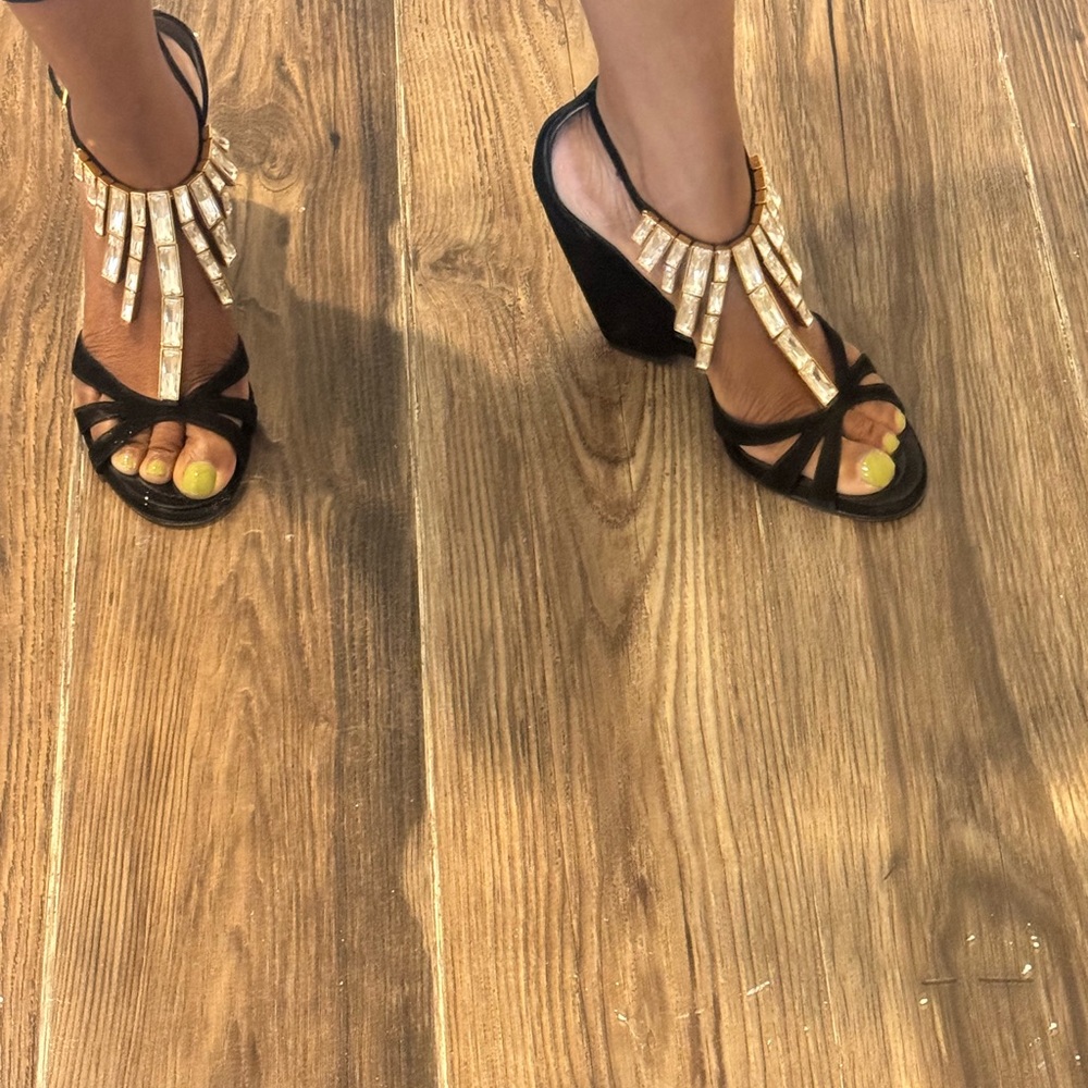 Giuseppe black velvet with stones wedge heels